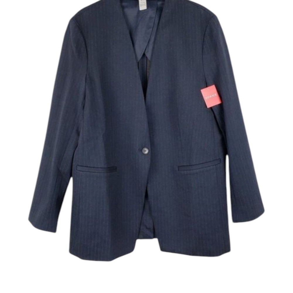 Spanx Perfect Collarless Blazer Navy Pinstripe Ponte Jacket Lagenlook Career